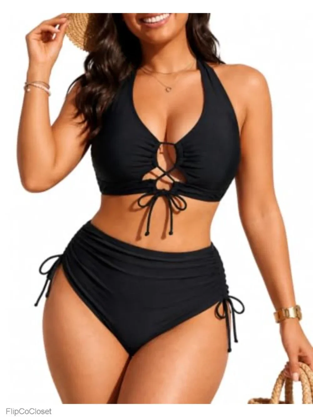 Plus Size Tummy Control Lace Up Two Piece Bikini Swimsuit